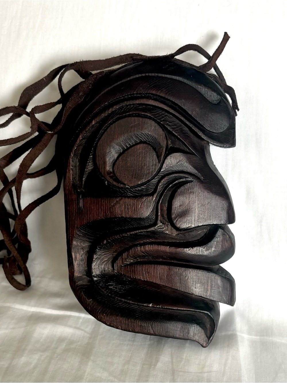 Vintage Pacific Northwest Indigenous Carved Wood Leather Small Wall Plaque Mask